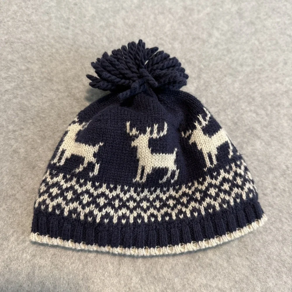 Janie and Jack Navy Blue Reindeer Knit Beanie Hat Pom Pom Holiday Baby Size 3-6M